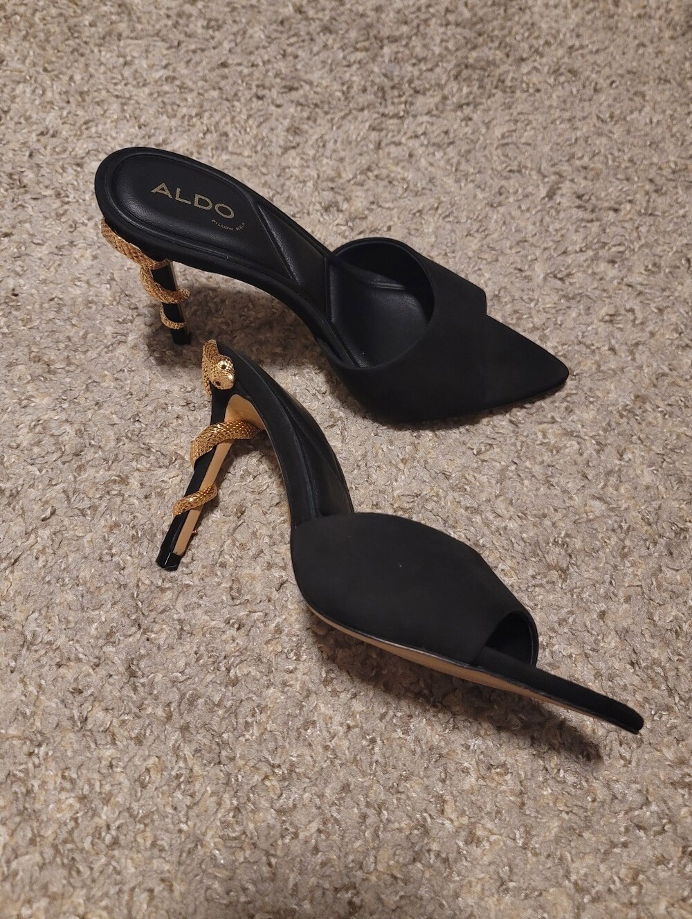 Aldo Seashella Slip On Stiletto Heels Mule Sandals Black Suede Gold Snake 6 - Picture 11 of 13